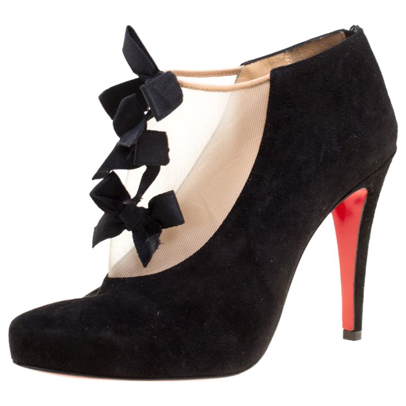 Christian Louboutin Bottines en daim noir et maille beige avec nœud papillon Taille 37,5