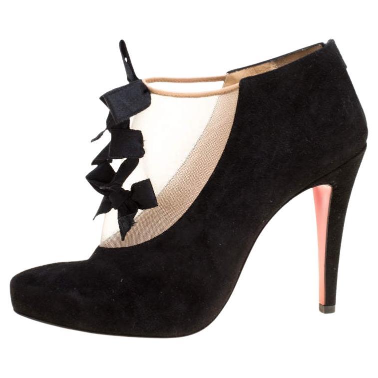 Christian Louboutin Black Suede And Beige Mesh Bow Detail Booties Size 37.5 For Sale