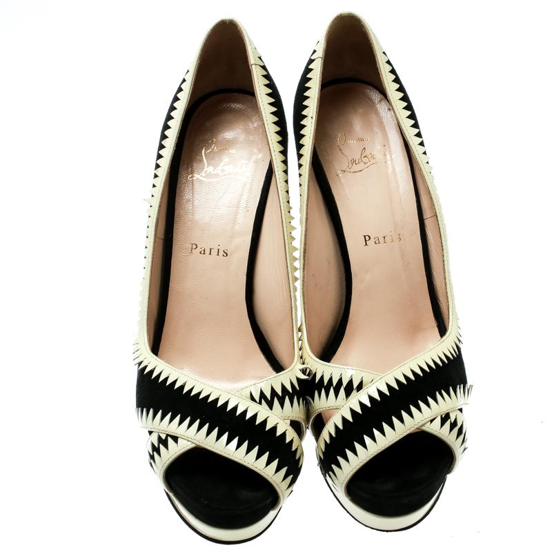 Christian Louboutin Black Suede And Cream Patent Leather Peep Toe Platform Pumps In Good Condition In Dubai, Al Qouz 2