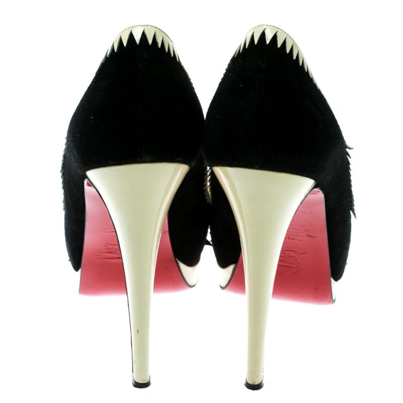 Christian Louboutin Black Suede And Cream Patent Leather Peep Toe Platform Pumps 3
