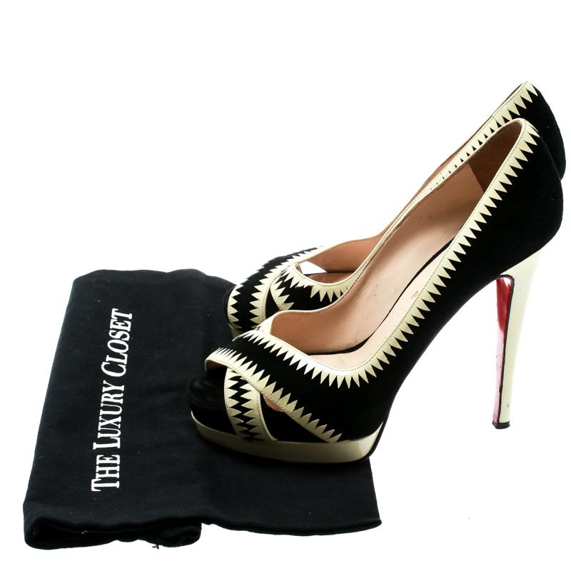 Christian Louboutin Black Suede And Cream Patent Leather Peep Toe Platform Pumps 4