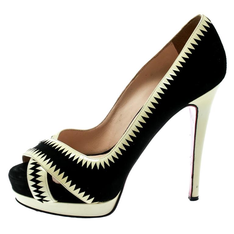 Christian Louboutin Black Suede And Cream Patent Leather Peep Toe Platform Pumps