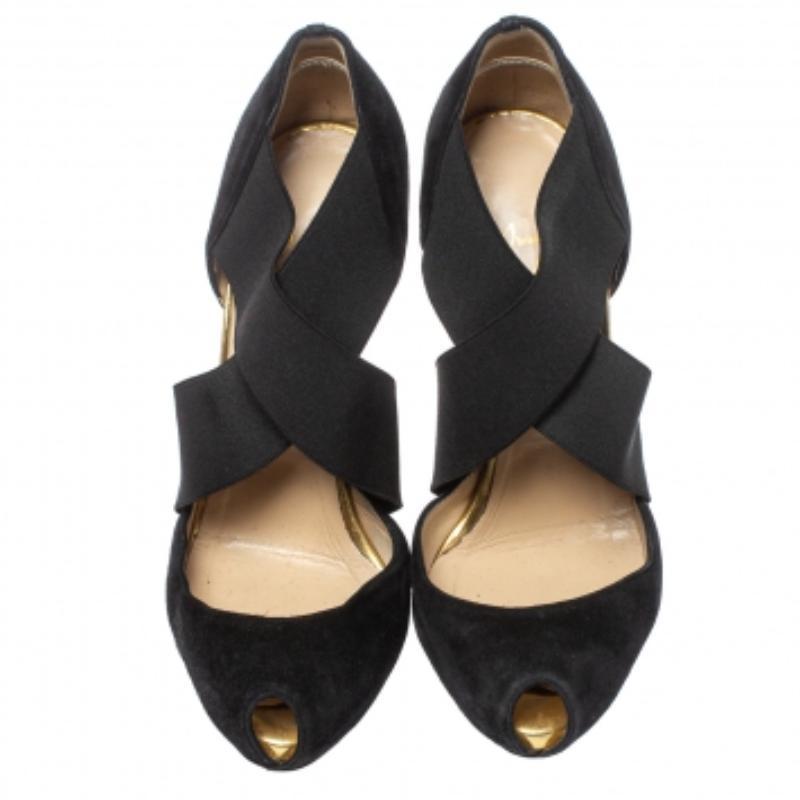 Women's Christian Louboutin Black Suede And Elastic Cross Strap Peep Toe Sandals Size 38 For Sale
