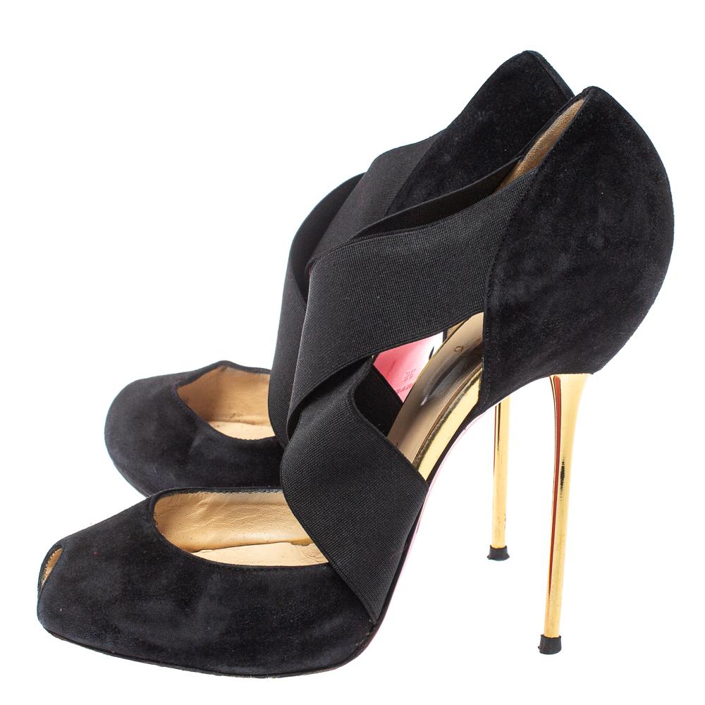 Christian Louboutin Black Suede And Elastic Cross Strap Peep Toe Sandals Size 38 1