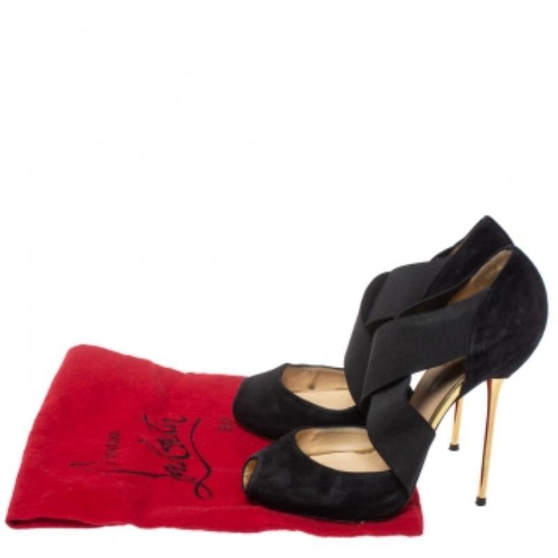Christian Louboutin Black Suede And Elastic Cross Strap Peep Toe Sandals Size 38 For Sale 2