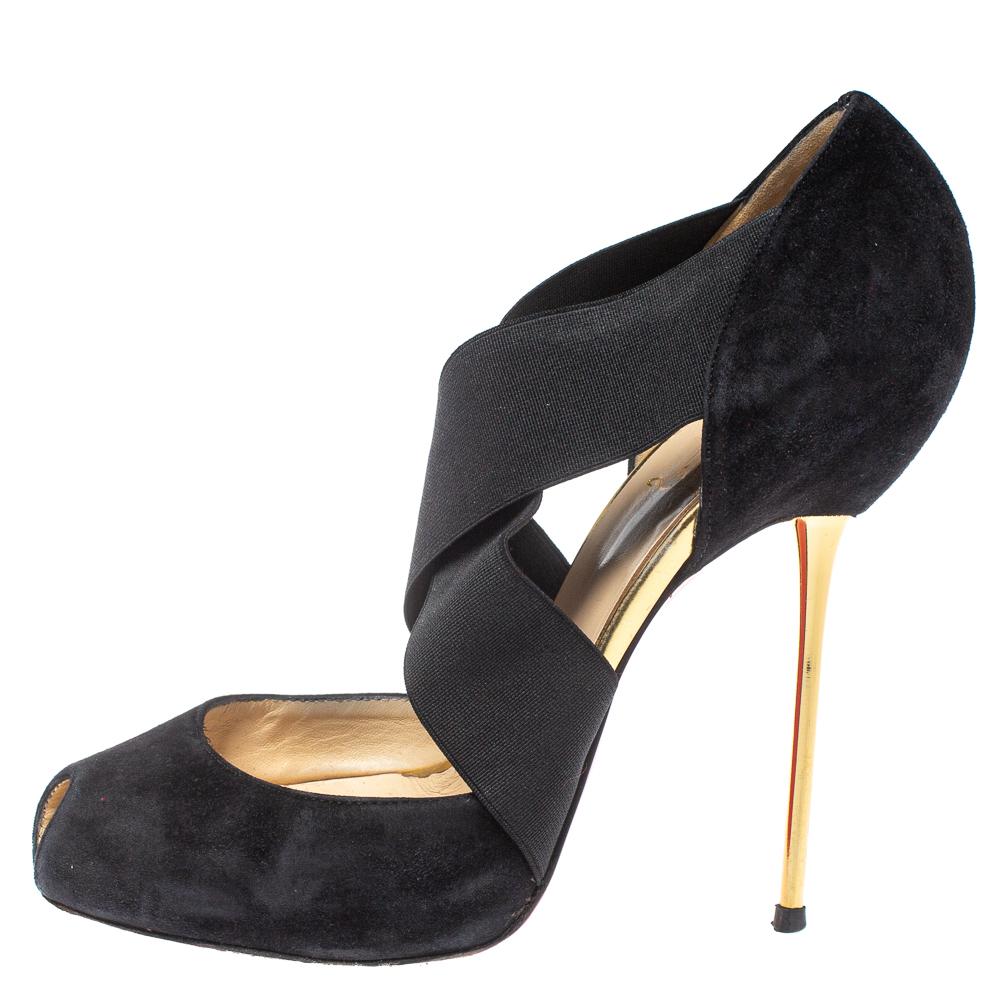 Christian Louboutin Black Suede And Elastic Cross Strap Peep Toe Sandals Size 38 3