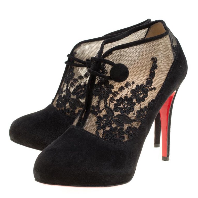 Christian Louboutin Black Suede and Floral Lace Clic Clac Booties Size 39.5 at 1stDibs