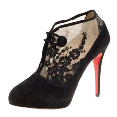 Christian Louboutin Black Suede and Floral Lace Clic Clac Booties Size 39.5