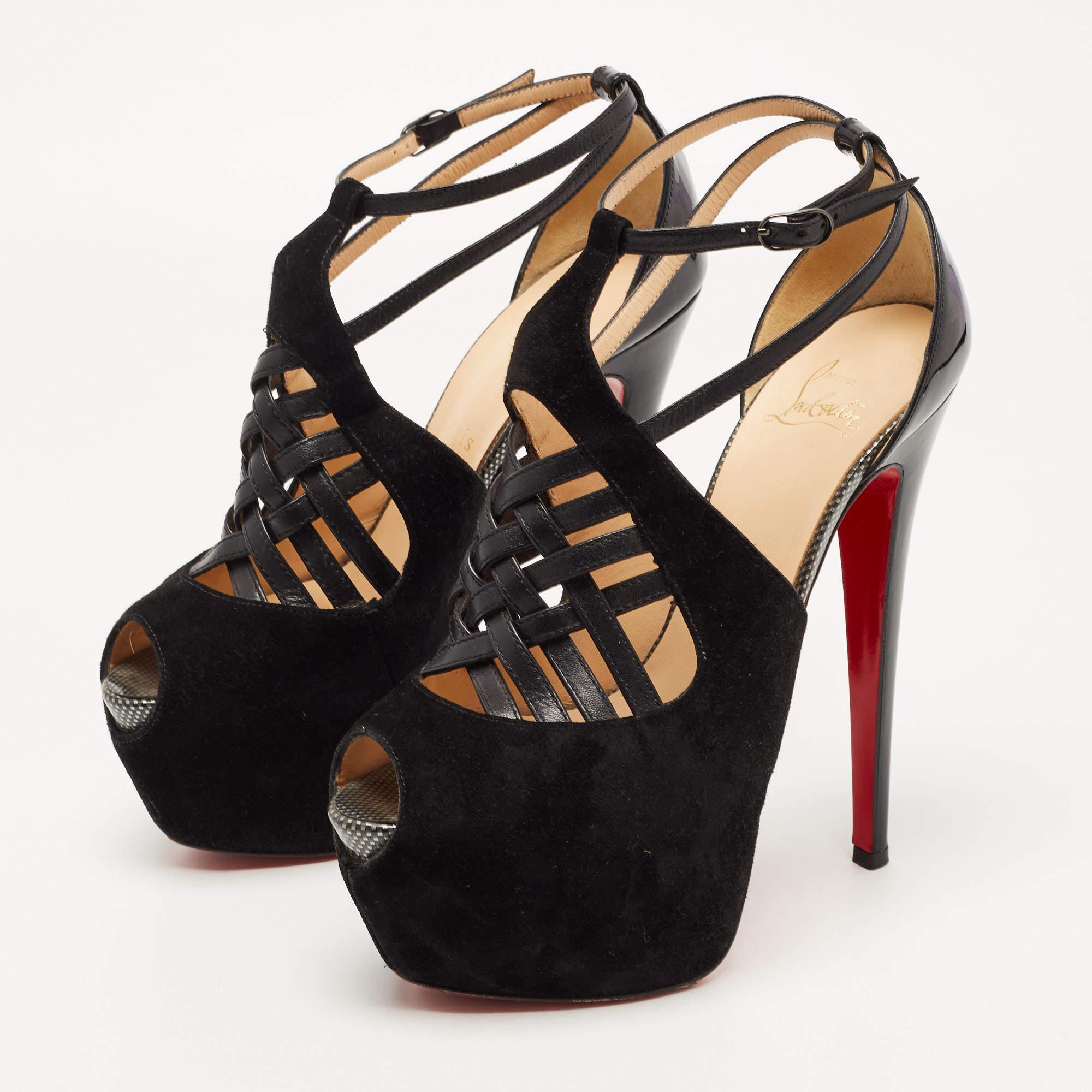 Women's Christian Louboutin Black Suede and Leather Carlota Sandals Size 38 For Sale