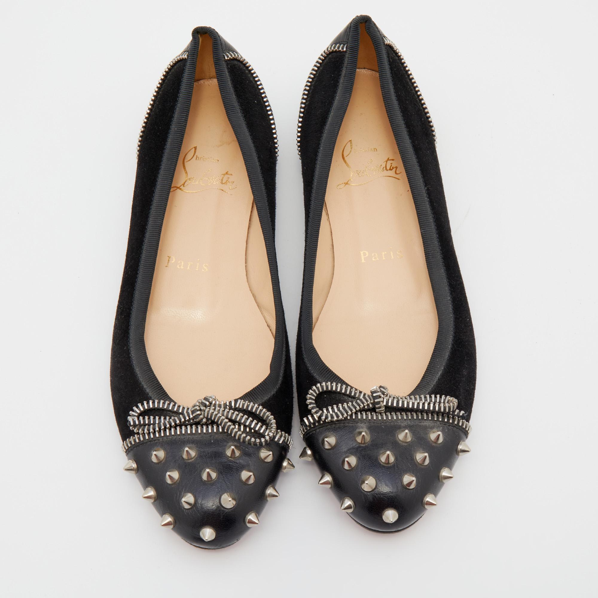 Christian Louboutin Black Suede and Leather Spiked Zipper Ballet Flats Size 36.5 In Good Condition In Dubai, Al Qouz 2