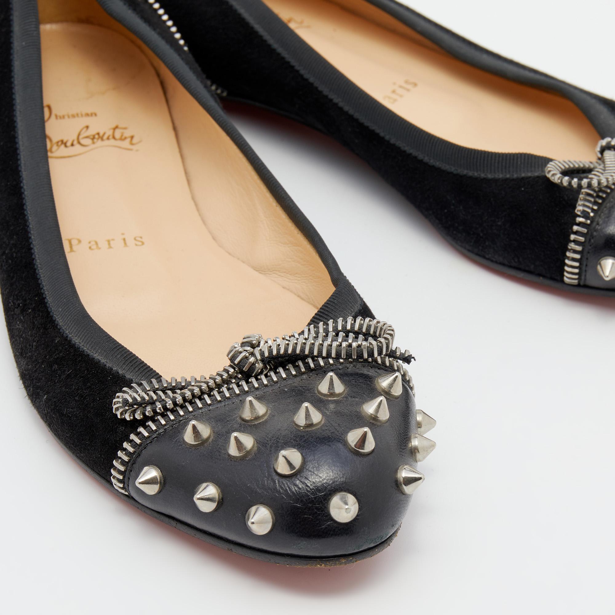 Christian Louboutin Black Suede and Leather Spiked Zipper Ballet Flats Size 36.5 1