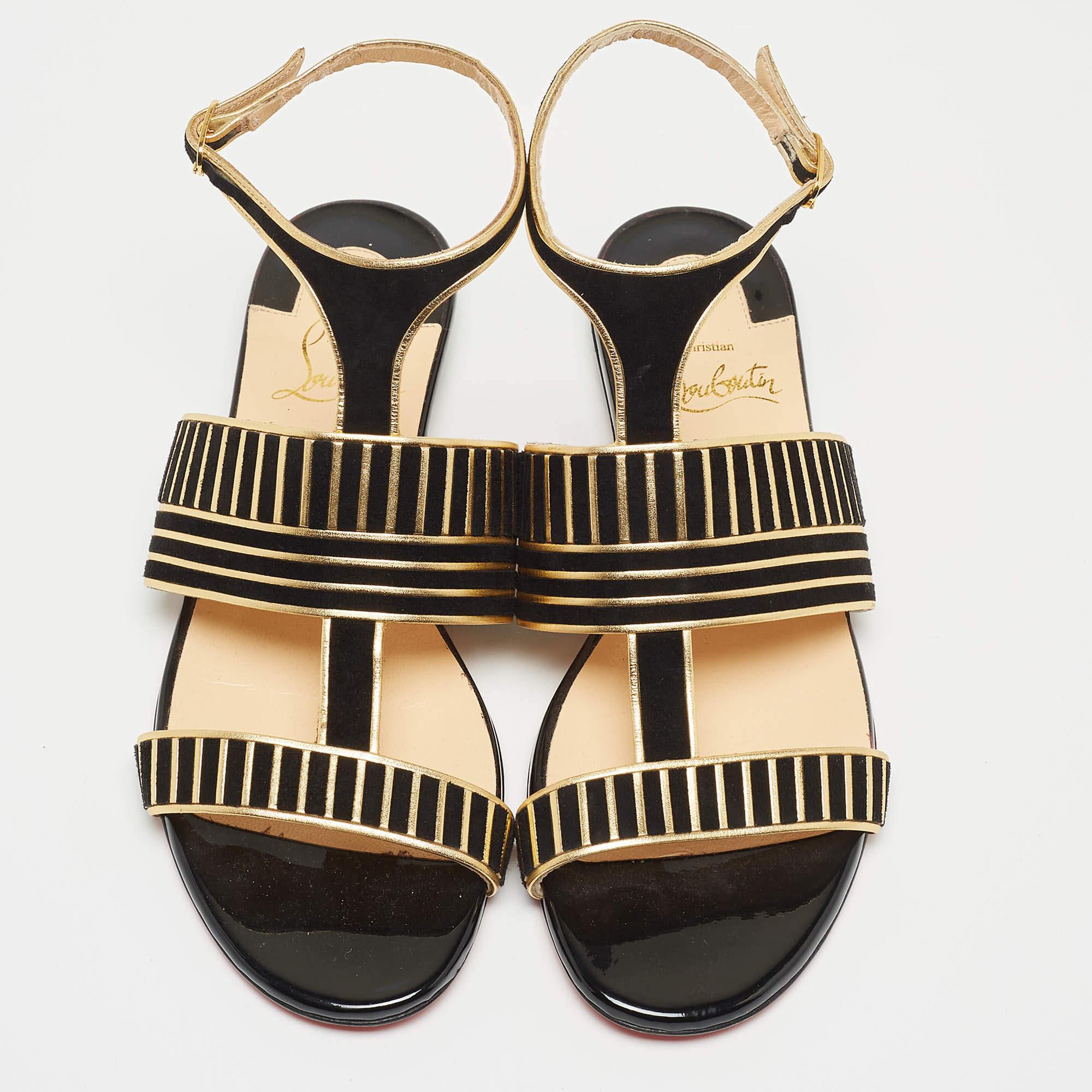 Christian Louboutin Black Suede and Leather Striped Flat Sandals Size 36 In New Condition In Dubai, Al Qouz 2