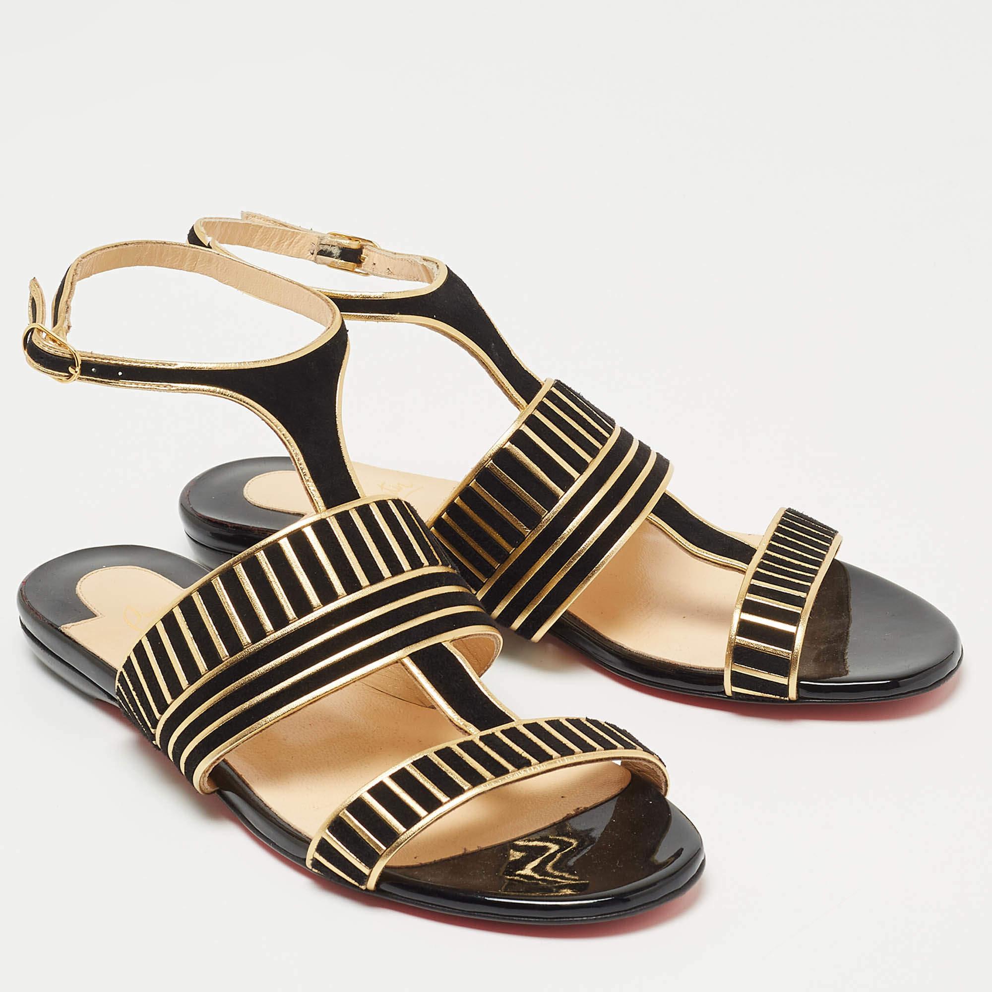 Christian Louboutin Black Suede and Leather Striped Flat Sandals Size 36 In New Condition For Sale In Dubai, Al Qouz 2