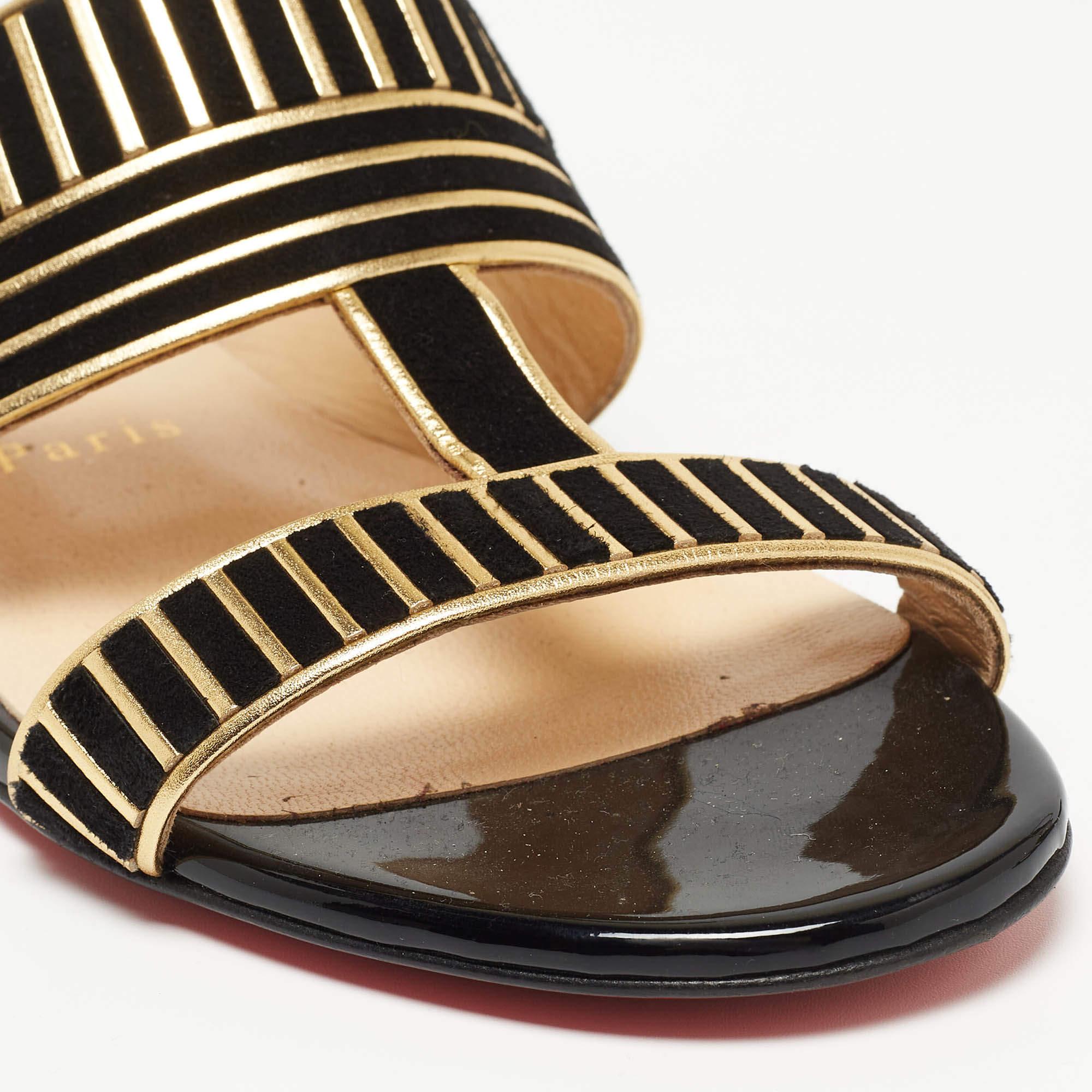 Women's Christian Louboutin Black Suede and Leather Striped Flat Sandals Size 36 For Sale