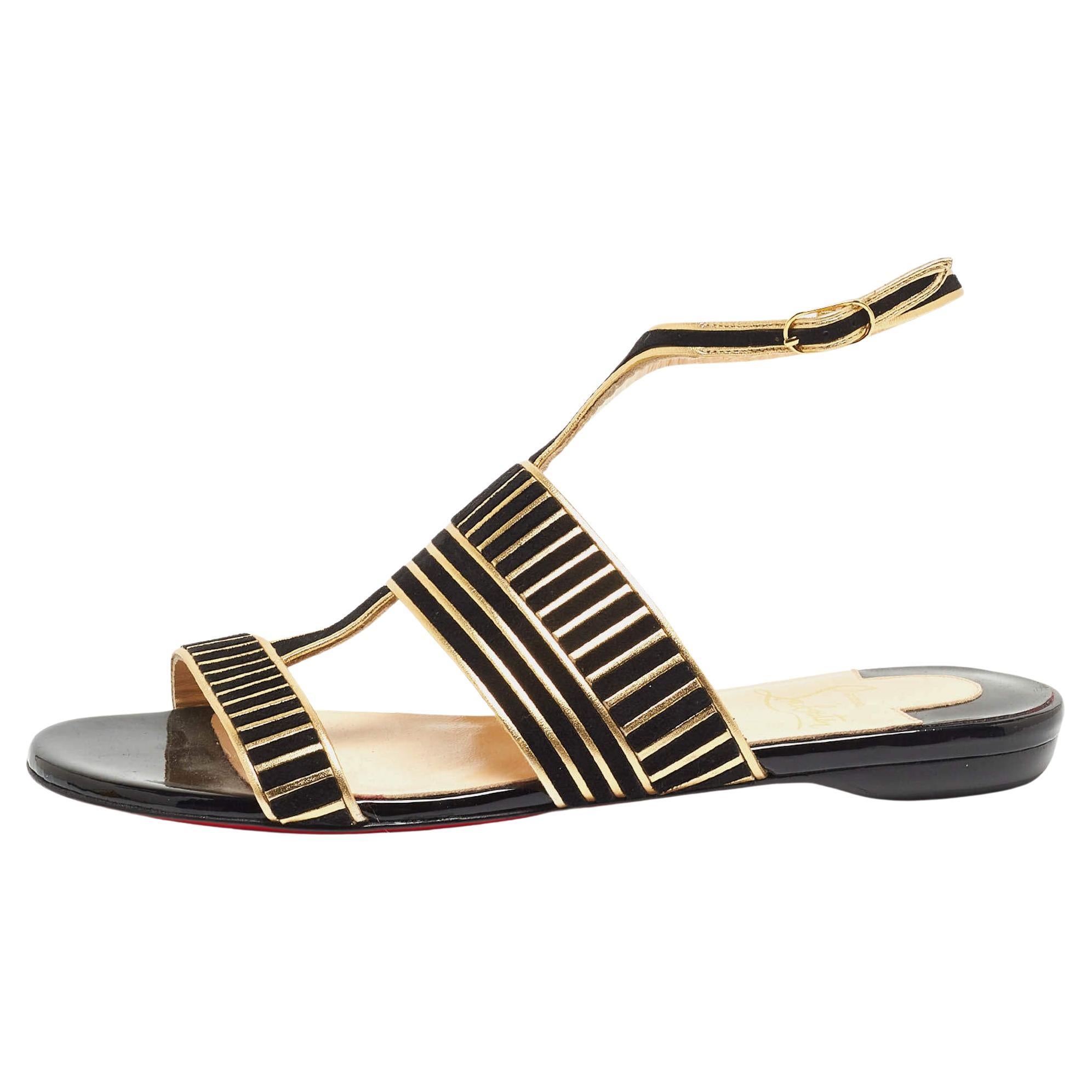 Christian Louboutin Black Suede and Leather Striped Flat Sandals Size 36