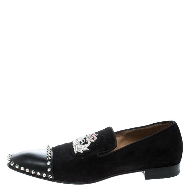 Christian Louboutin Black Suede and Leather Studded Flat Loafers Size 42 2