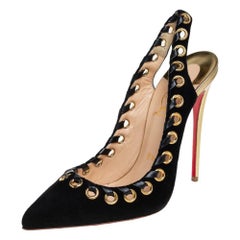 Christian Louboutin Black Suede And Leather Whipstitch Slingback Sandal Size37.5
