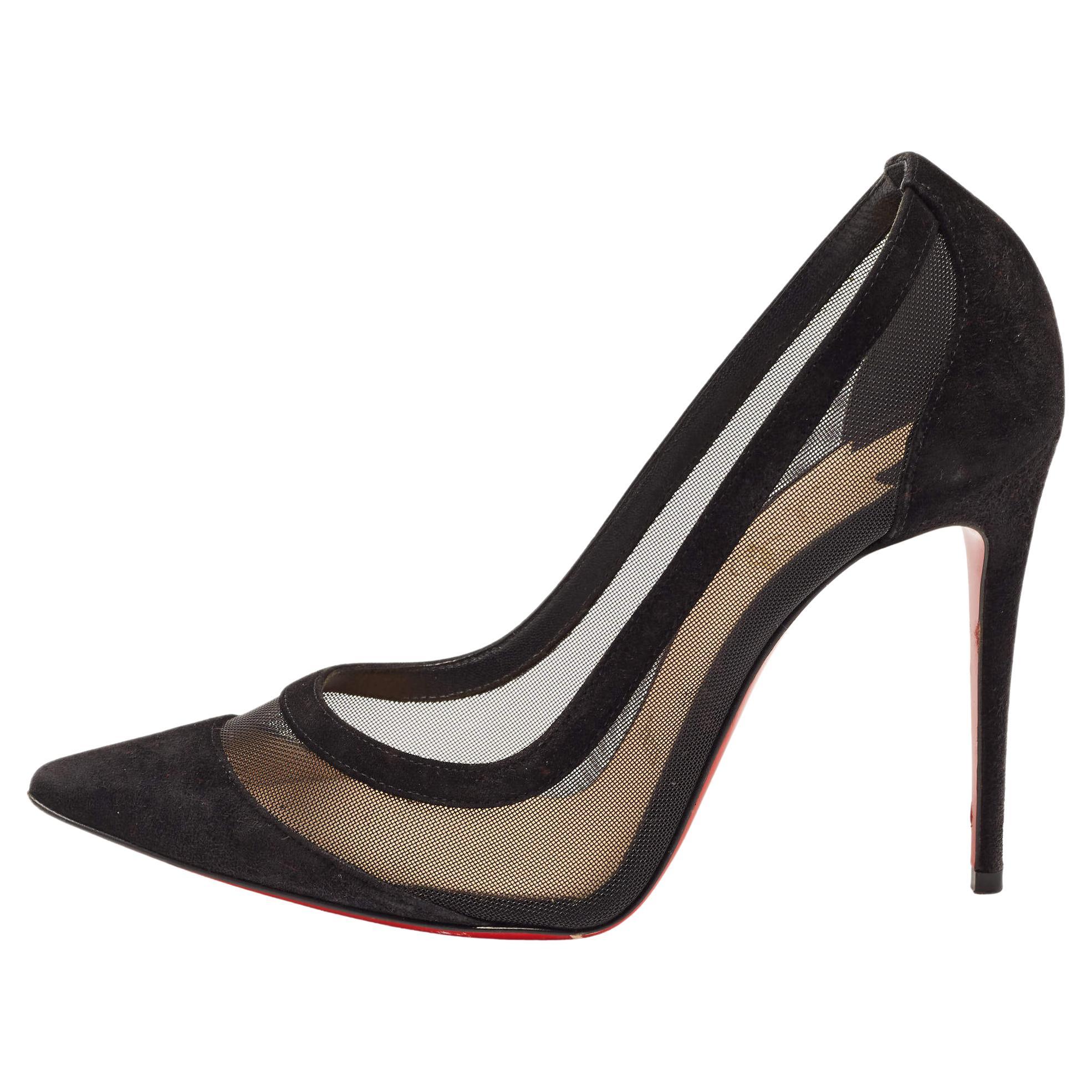 Christian Louboutin Black Suede and Mesh Galativi Strass Pumps Size 36 For Sale