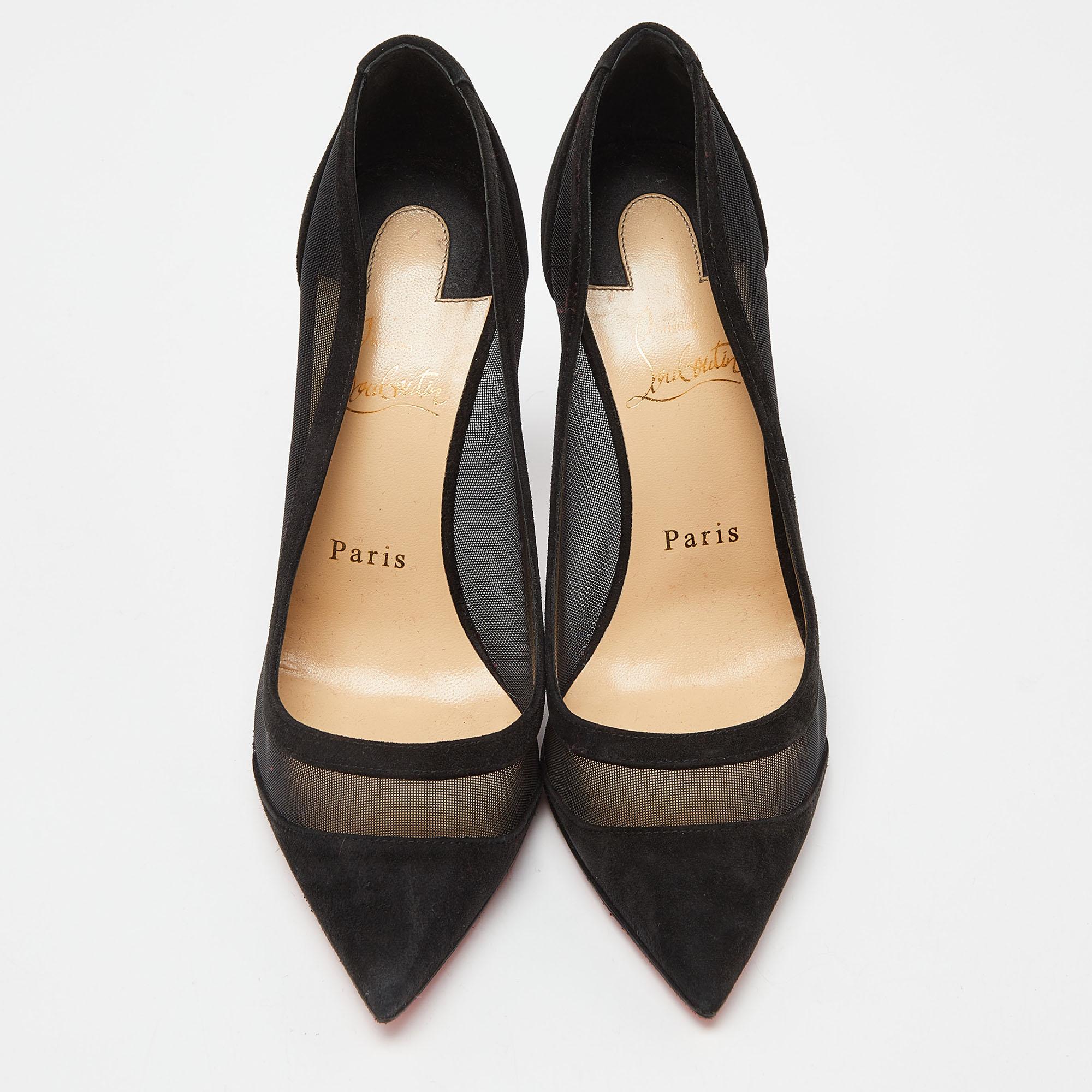 Christian Louboutin Schwarze Galativi Strass-Pumps aus Wildleder und Mesh Größe 37.5 im Zustand „Gut“ in Dubai, Al Qouz 2