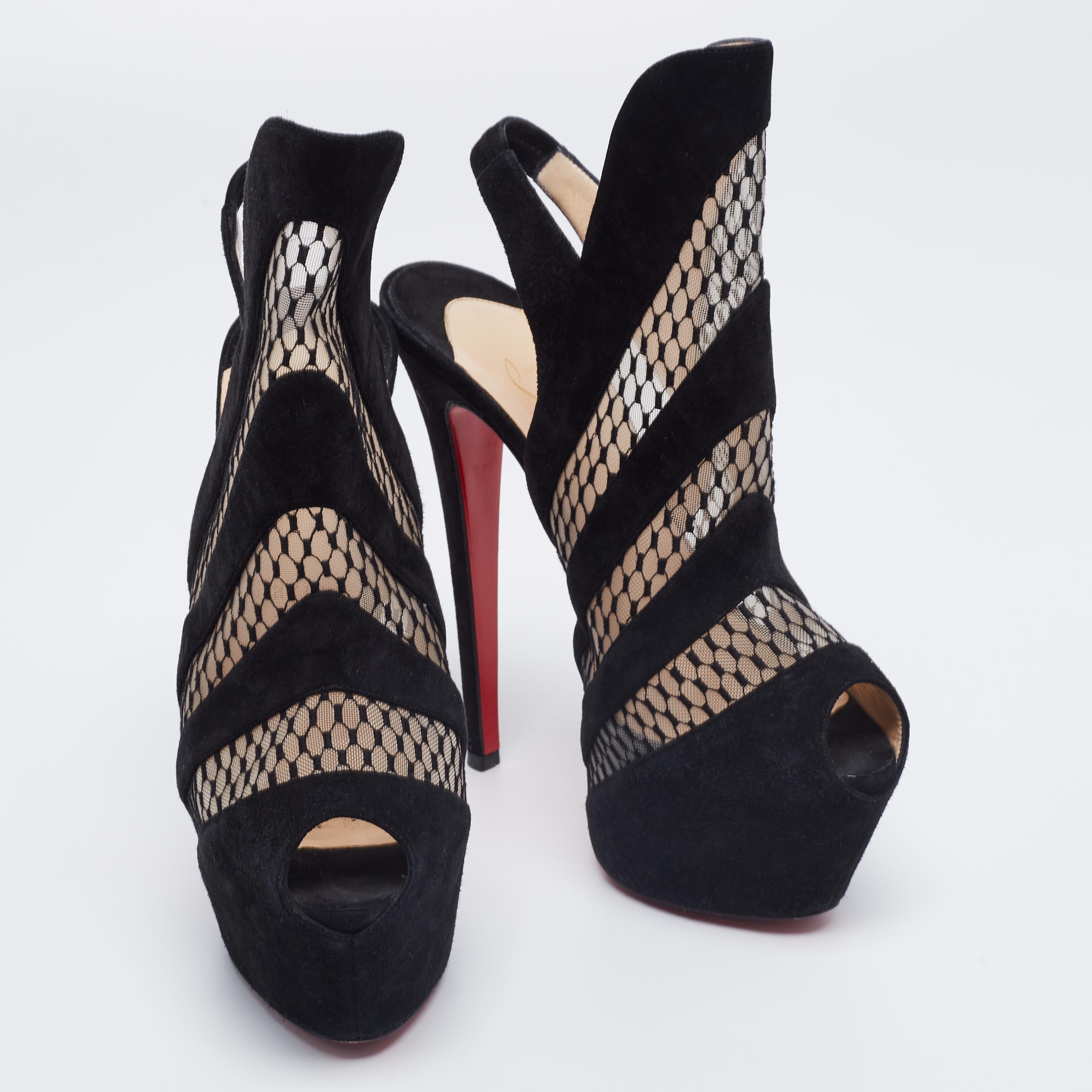 Leave behind bold and confident steps when you step out in these Christian Louboutin booties. Crafted from suede and mesh, the fishnet detailing will beautifully frame your feet and the slingback closure will offer the perfect fit. The 15.5cm heels