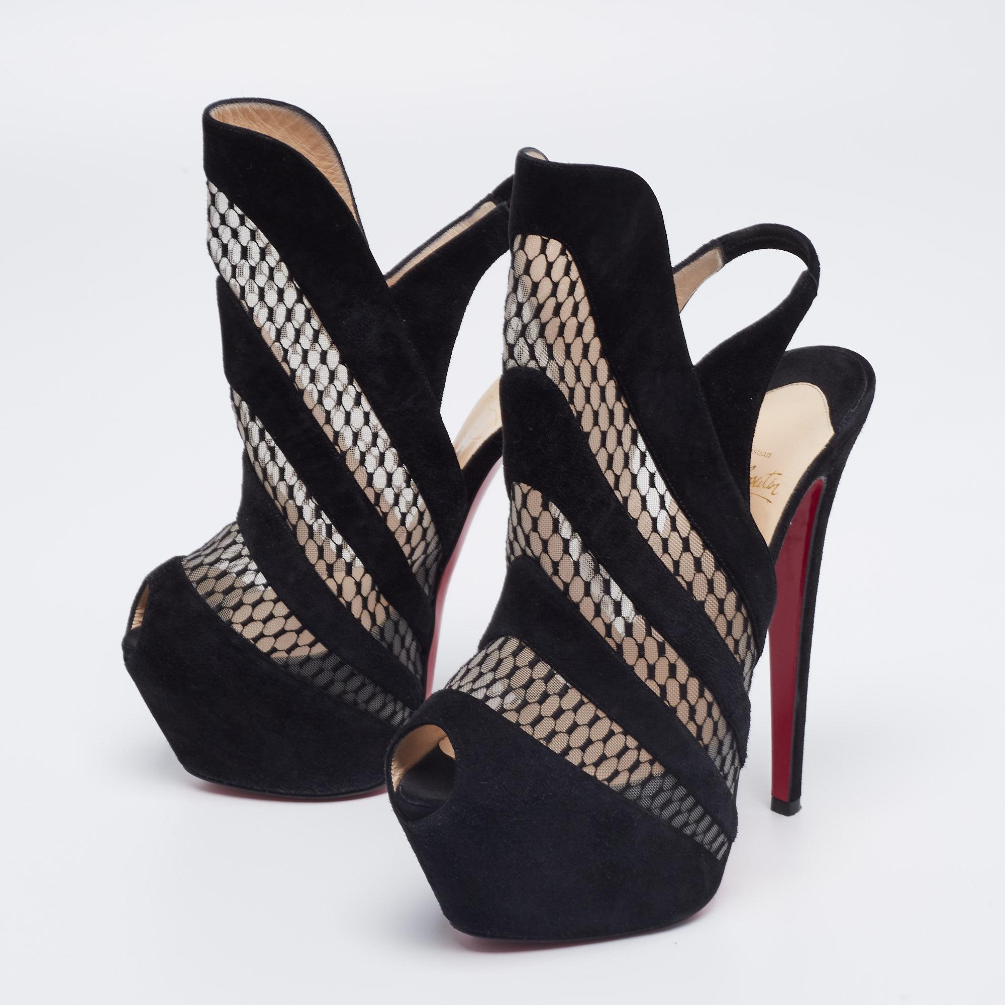 Women's Christian Louboutin Black Suede and Mesh Guizi Platform Ankle Booties Size 38