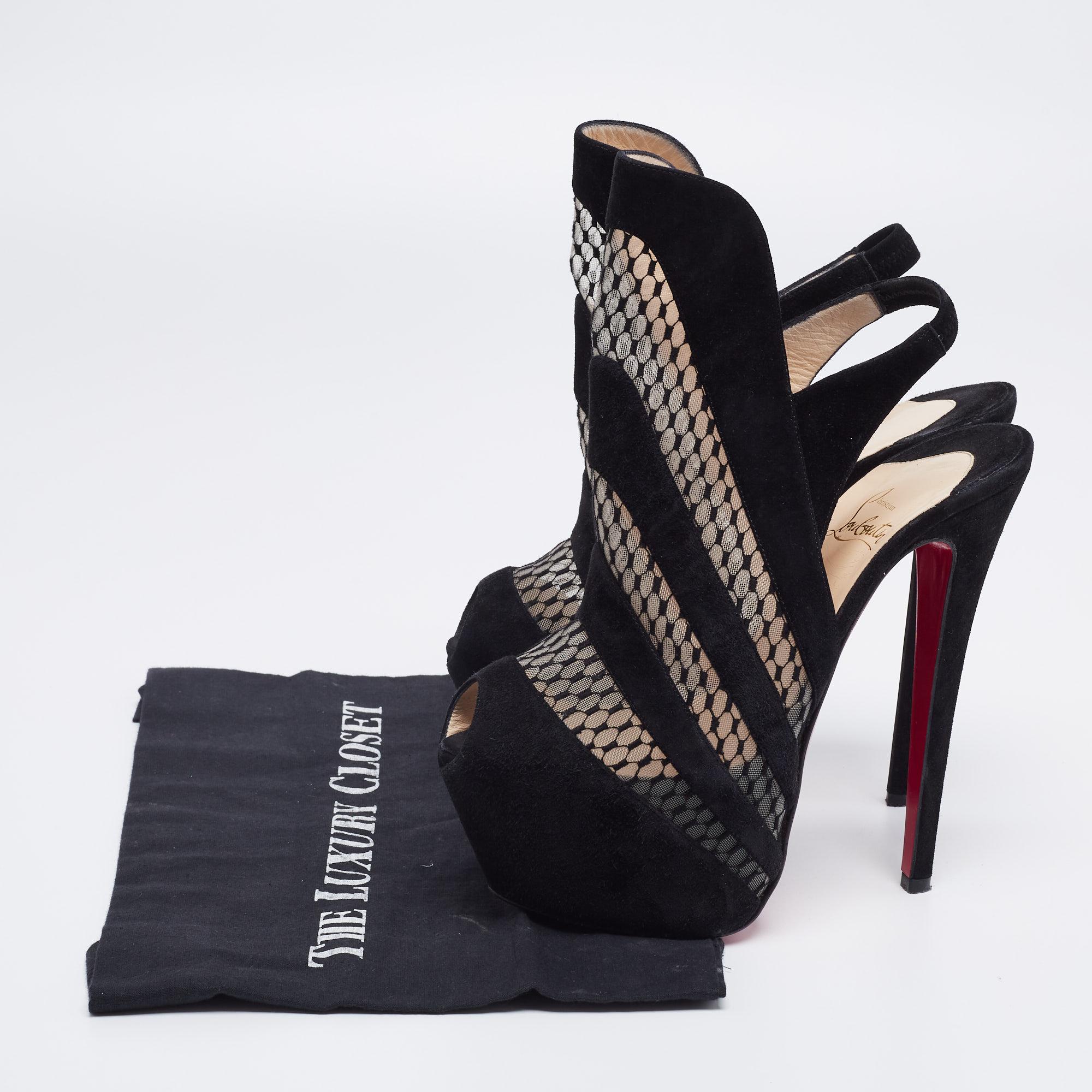 Christian Louboutin Black Suede and Mesh Guizi Platform Ankle Booties Size 38 4