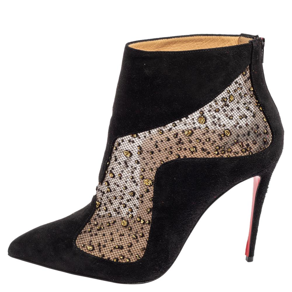 Christian Louboutin Black Suede and Mesh Papilloboot Ankle Boots Size 38.5 In Good Condition In Dubai, Al Qouz 2