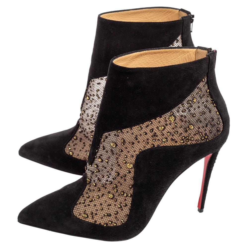 Christian Louboutin Black Suede and Mesh Papilloboot Ankle Boots Size 38.5 2