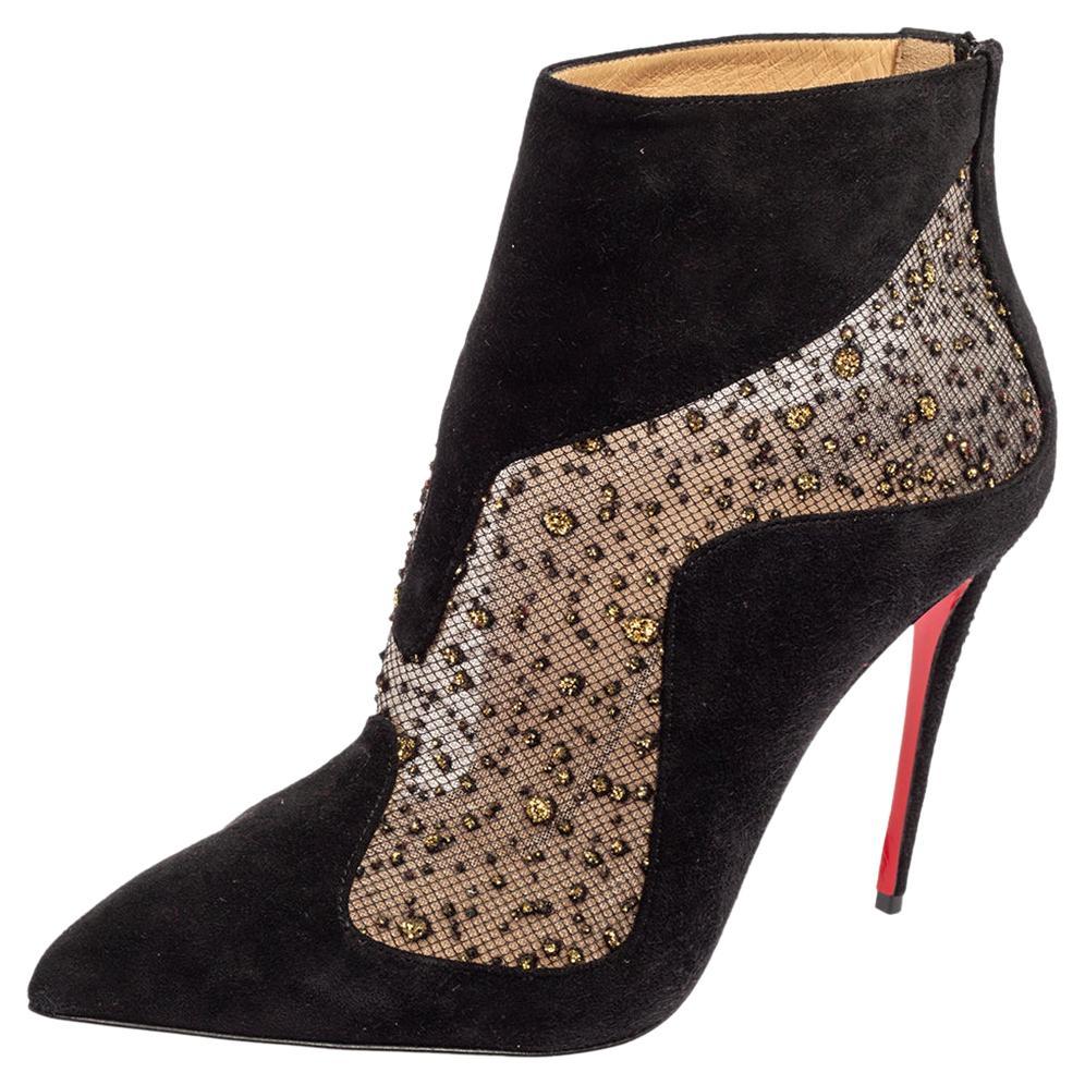 Christian Louboutin Black Suede and Mesh Papilloboot Ankle Boots Size 38.5