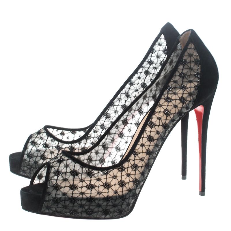 Christian Louboutin Black Suede And Mesh Very Lace Dentelle Peep Toe Pumps Size  1
