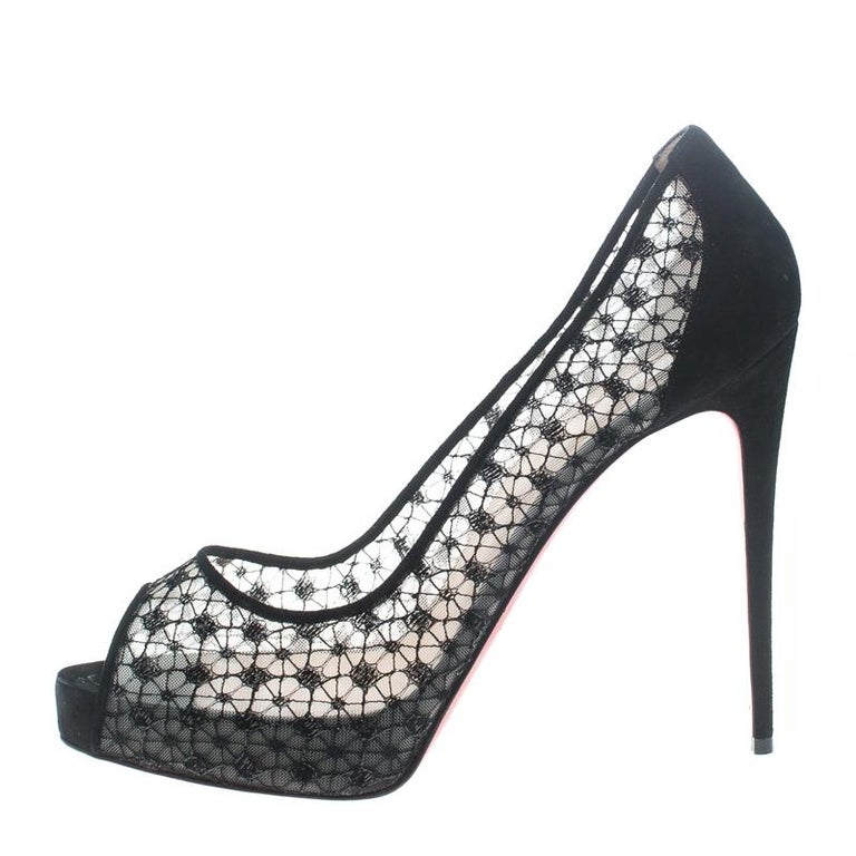 Christian Louboutin Black Suede And Mesh Very Lace Dentelle Peep Toe ...