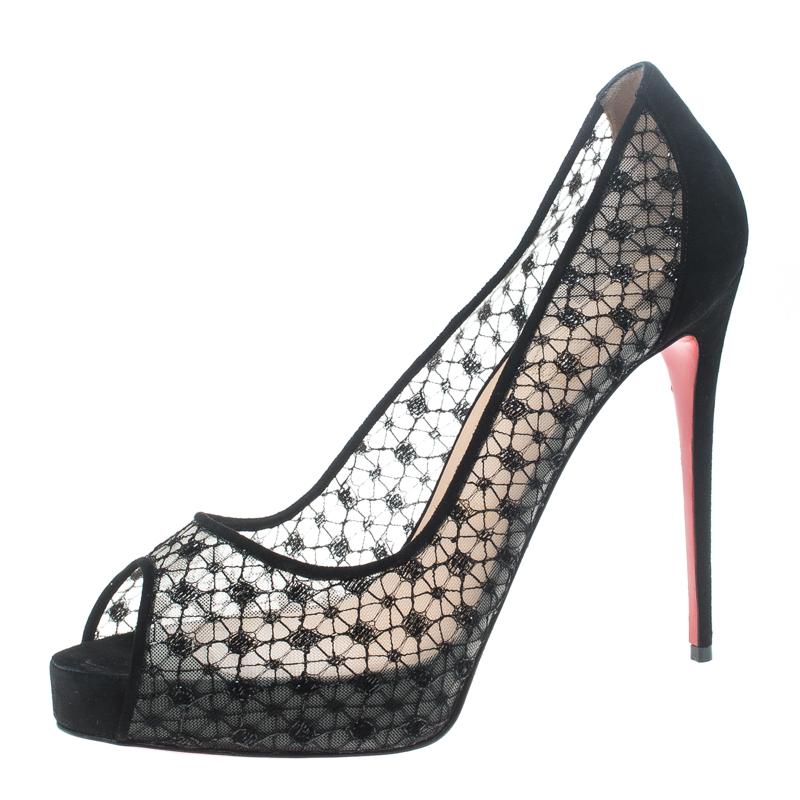 Christian Louboutin Black Suede And Mesh Very Lace Dentelle Peep Toe Pumps Size 