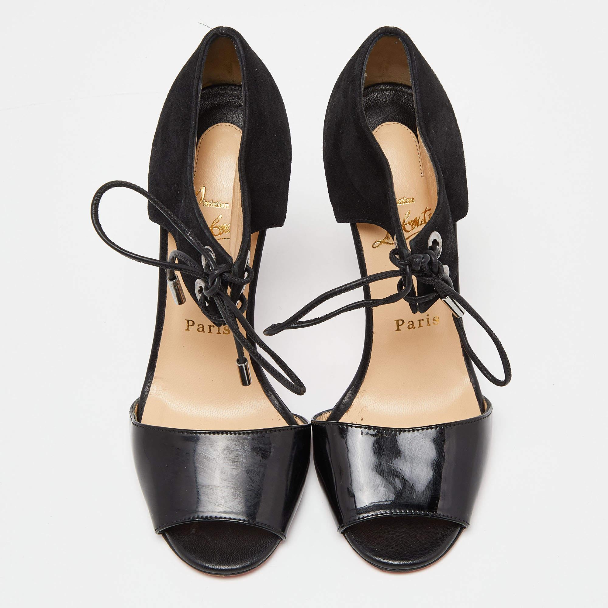 Women's Christian Louboutin Black Suede and Patent Mayerling Lace Up Sandals Size 36.5 For Sale