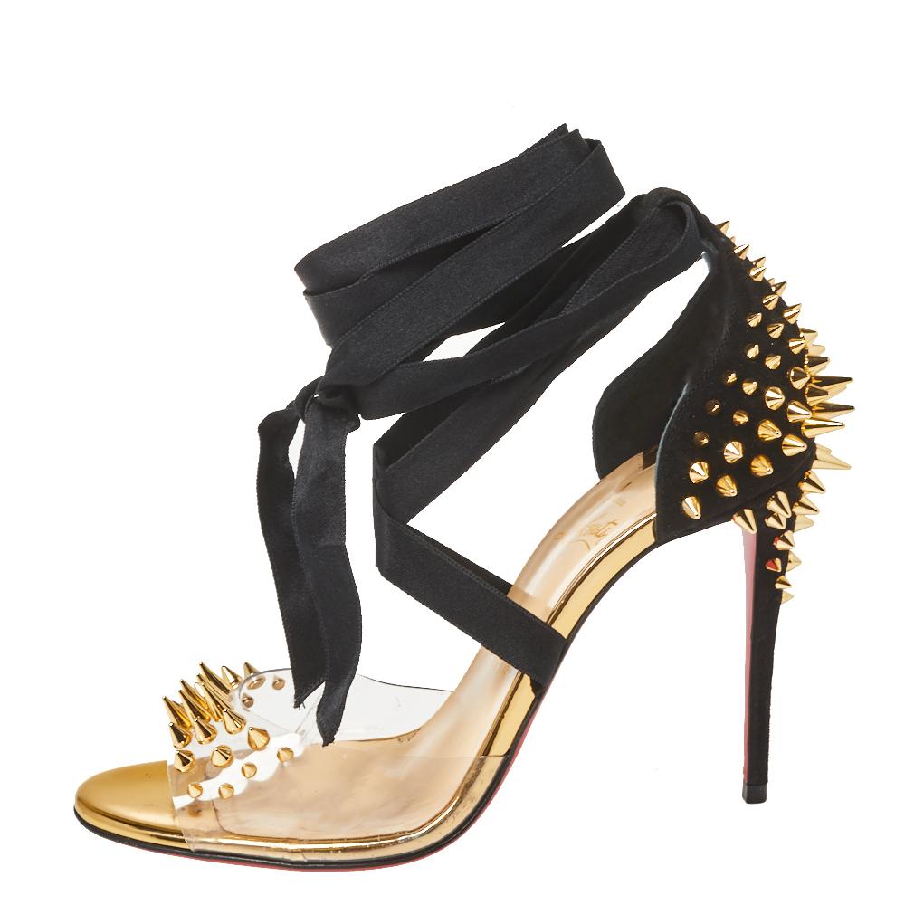 Christian Louboutin Schwarz Wildleder und PVC Barbarissima Spike Wrap Sandalen Größe 39 4