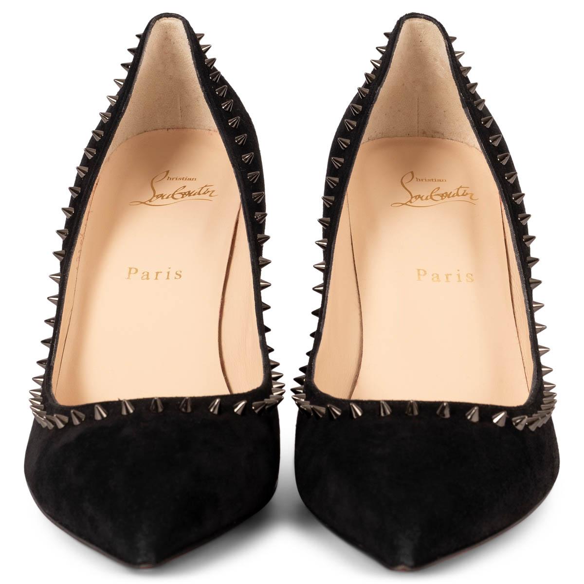 100% authentic Christian Louboutin Anjalina 85 pointed-toe pumps in black suede with gunmetal spikes. Brand new. 

Measurements
Imprinted Size	39.5
Shoe Size	39.5
Inside Sole	26.5cm (10.3in)
Width	7.5cm (2.9in)
Heel	8.5cm
