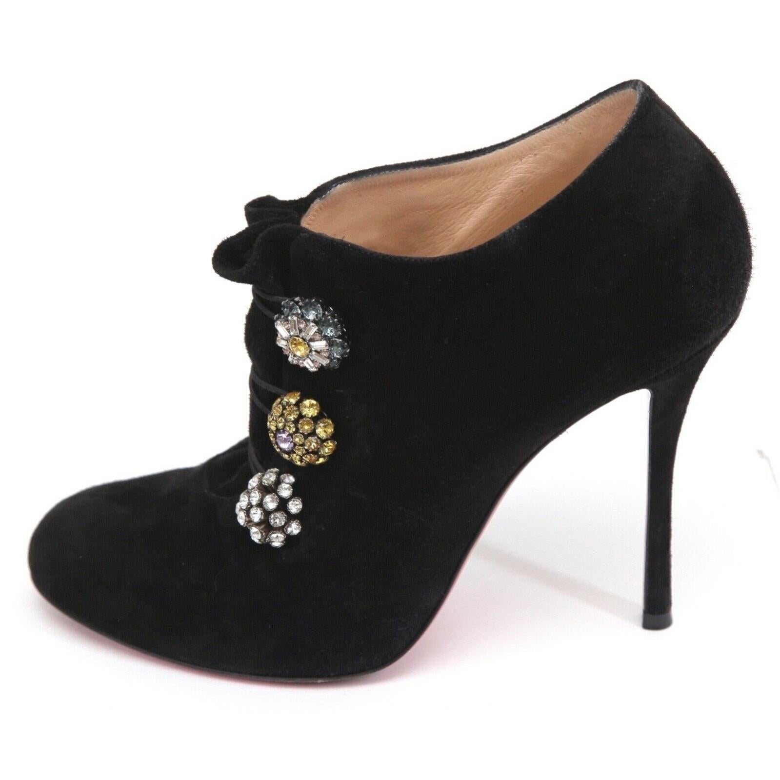 CHRISTIAN LOUBOUTIN Black Suede Ankle Boot BOOTONI MJ Leather Crystals ...