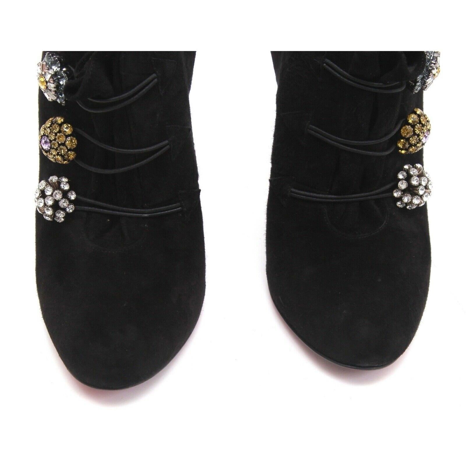 CHRISTIAN LOUBOUTIN Black Suede Ankle Boot BOOTONI MJ Leather Crystals Sz 38 In Good Condition For Sale In Hollywood, FL