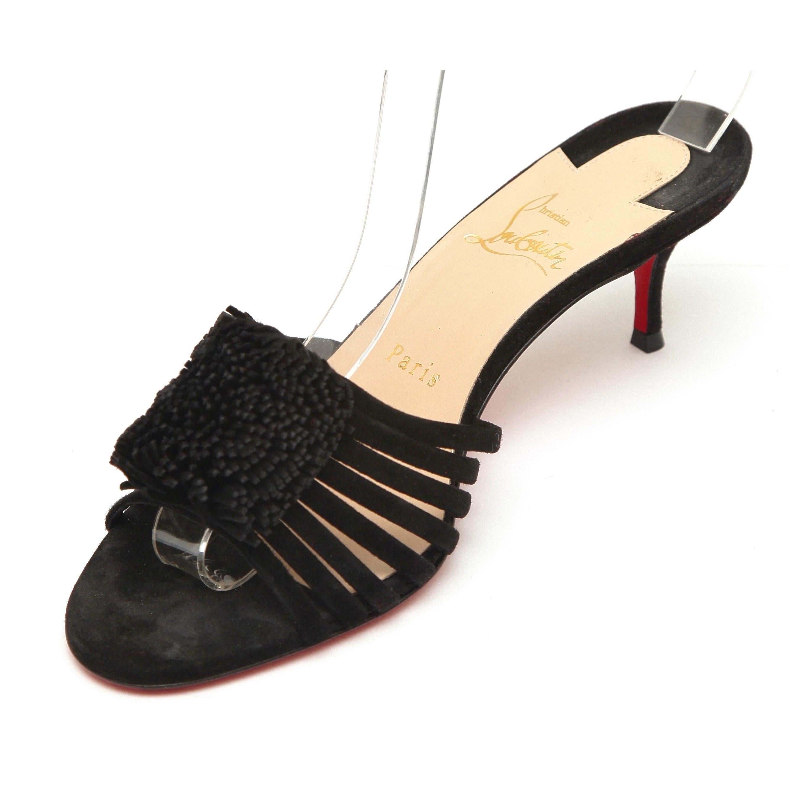 CHRISTIAN LOUBOUTIN Black Suede BELBROSSA 55 Slide Sandal Leather 37.5 NIB In Excellent Condition In Hollywood, FL