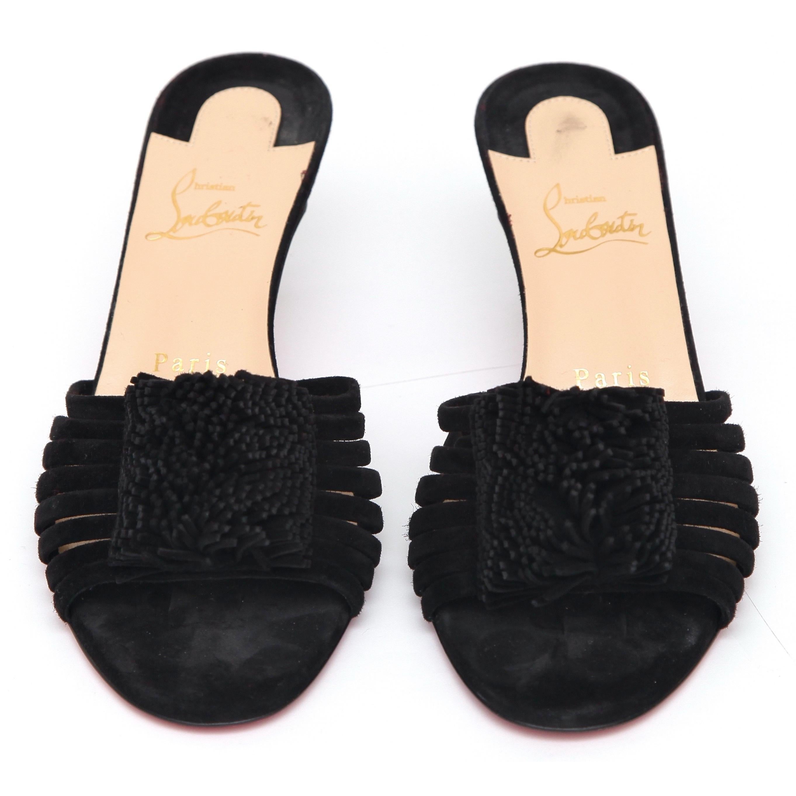 CHRISTIAN LOUBOUTIN Black Suede BELBROSSA 55 Slide Sandal Leather 37.5 NIB 1