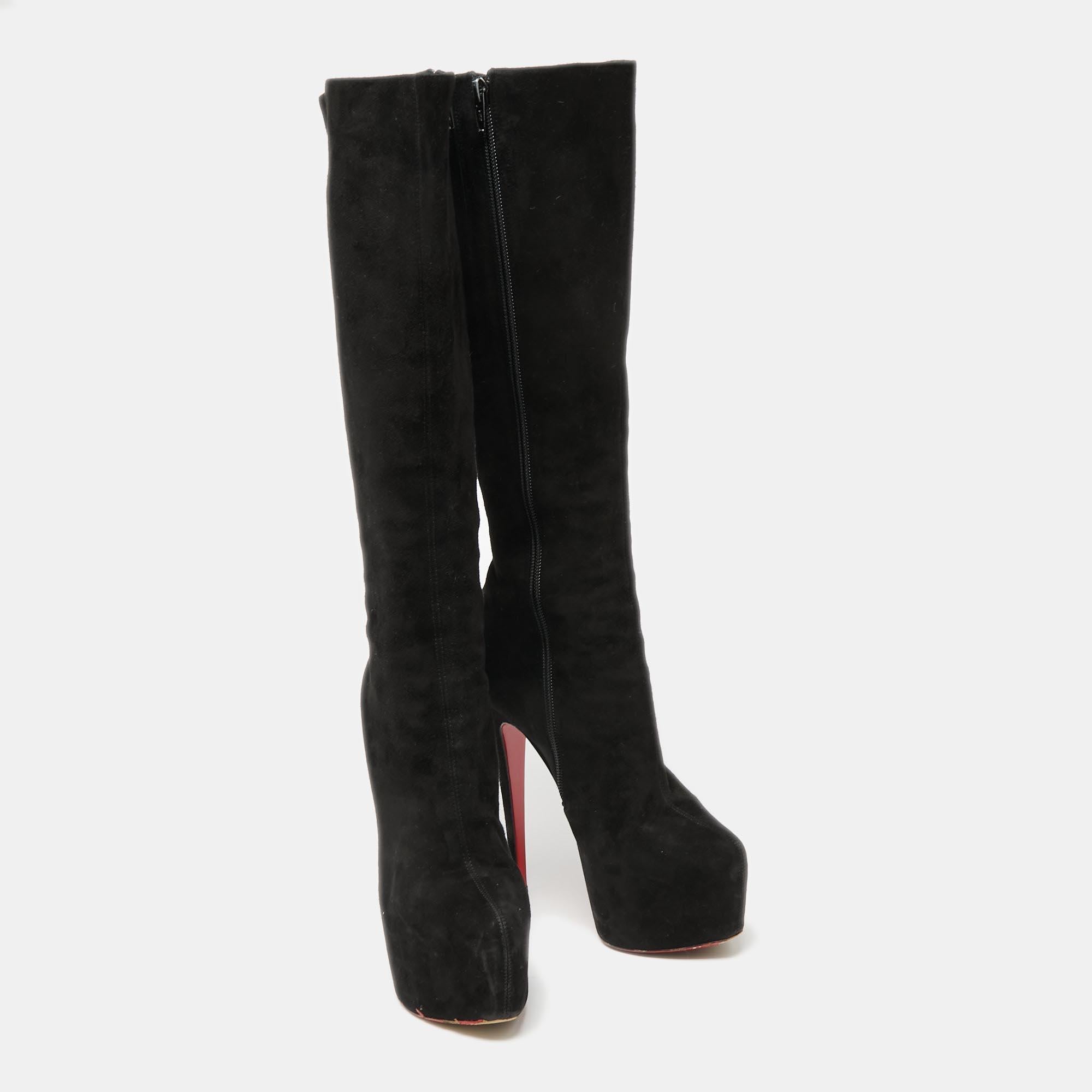 Christian Louboutin Black Suede Botalili Knee Length Boots Size 36.5 In Good Condition In Dubai, Al Qouz 2