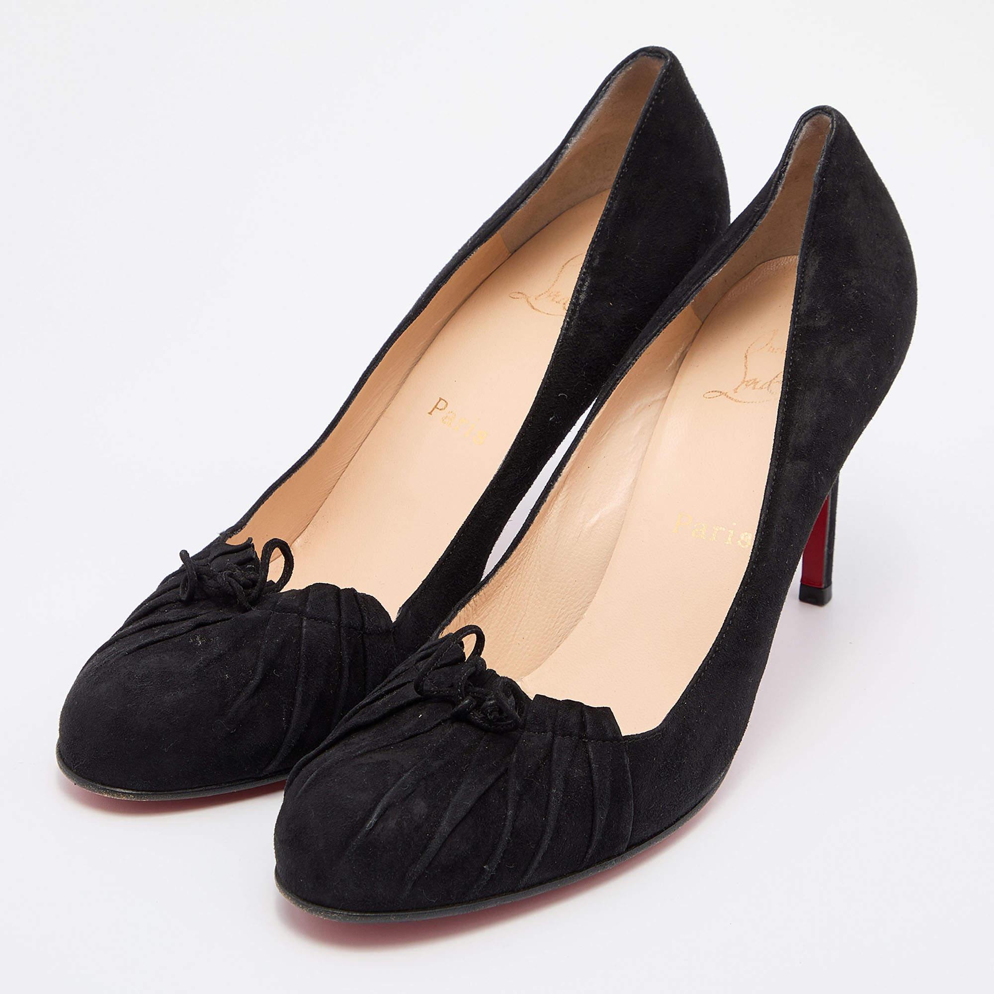 Women's Christian Louboutin Black Suede Bow Round Toe Pumps Size 41.5