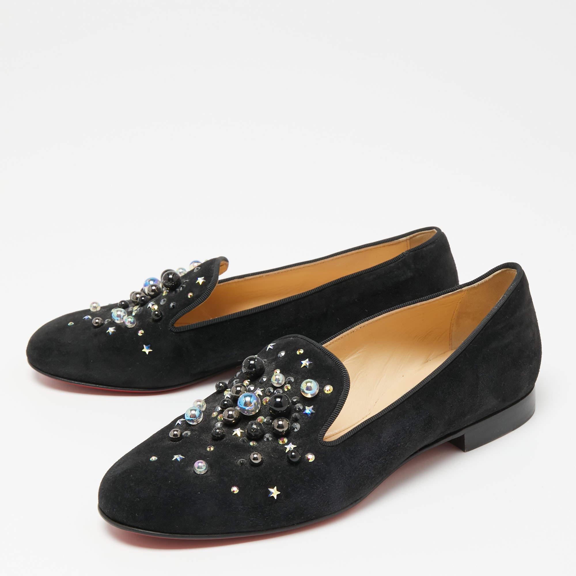 Women's Christian Louboutin Black Suede Candy Studded Smoking Slippers Size 36