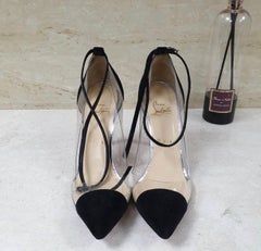 CHRISTIAN LOUBOUTIN Black Suede Clear Vinyl Ankle Wrap Strap Pumps