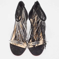 Christian Louboutin Black Suede Crystal Embellished Fringe Ankle Strap Sandals