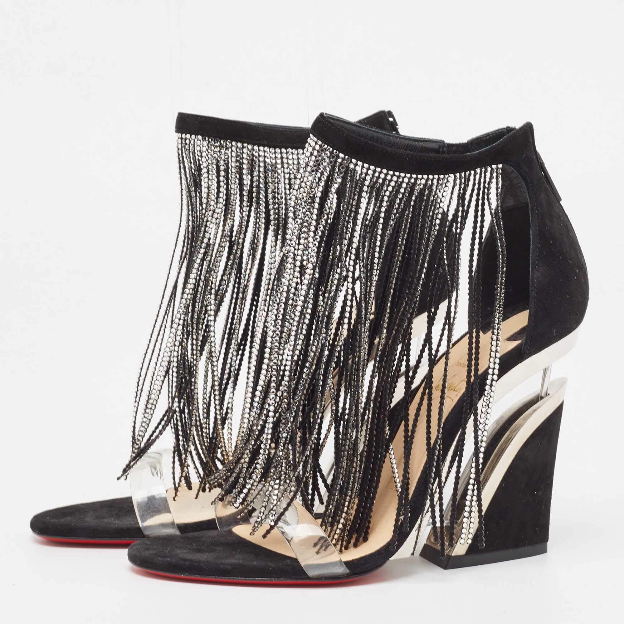 Christian Louboutin - Sandales noires en daim ornées de cristaux à franges en vente 1