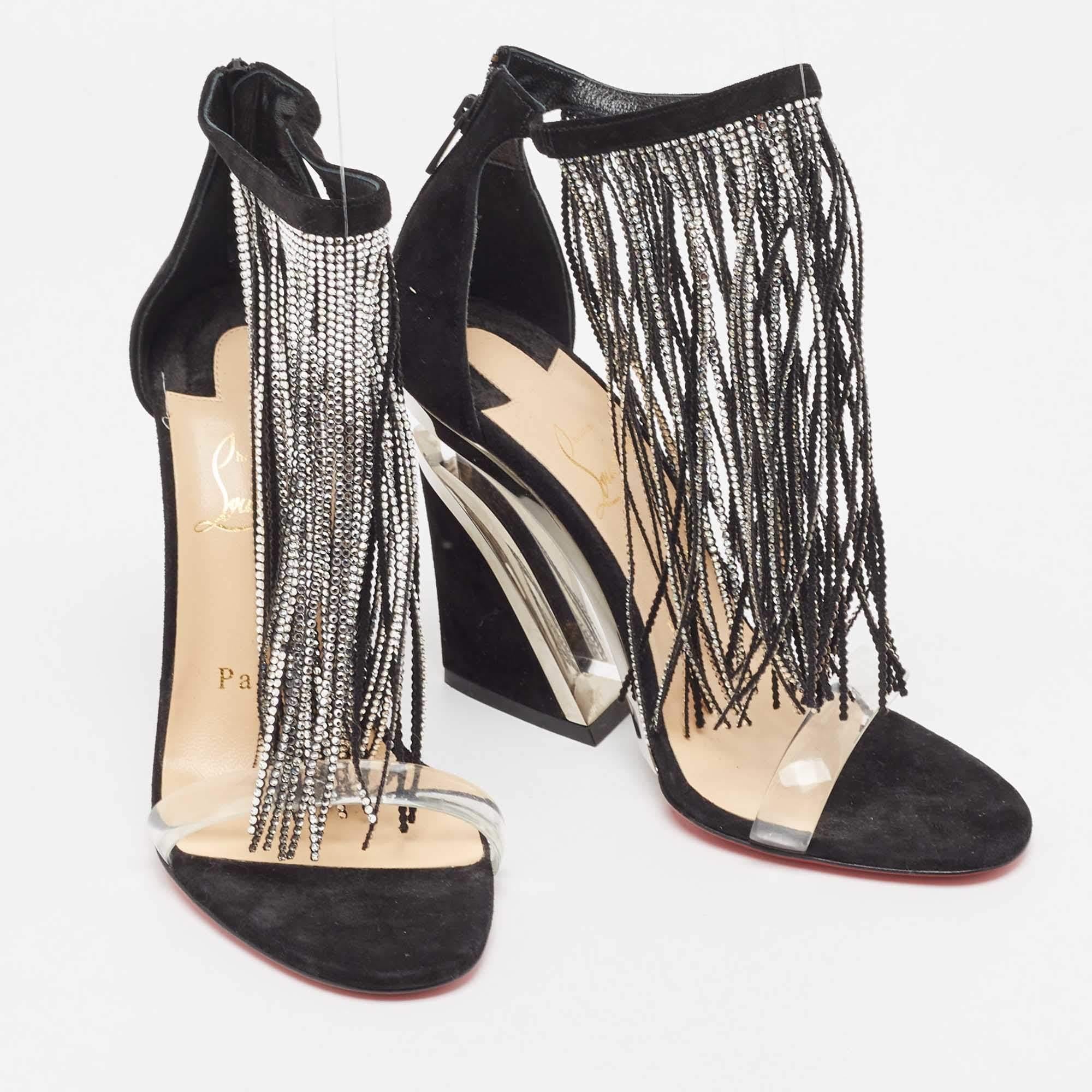 Christian Louboutin - Sandales noires en daim ornées de cristaux à franges en vente 2