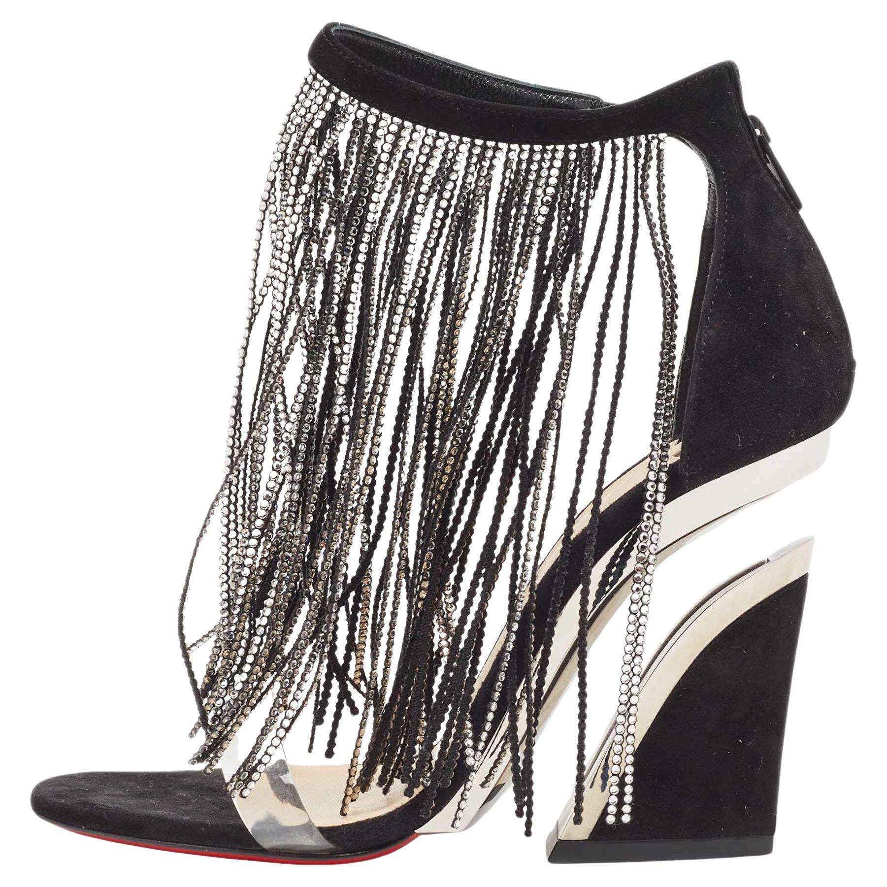 Christian Louboutin - Sandales noires en daim ornées de cristaux à franges