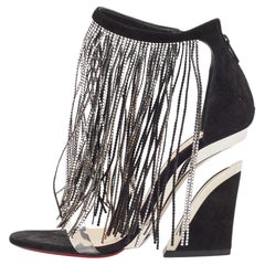 Christian Louboutin Black Suede Crystal Embellished Fringe Ankle Strap Sandals