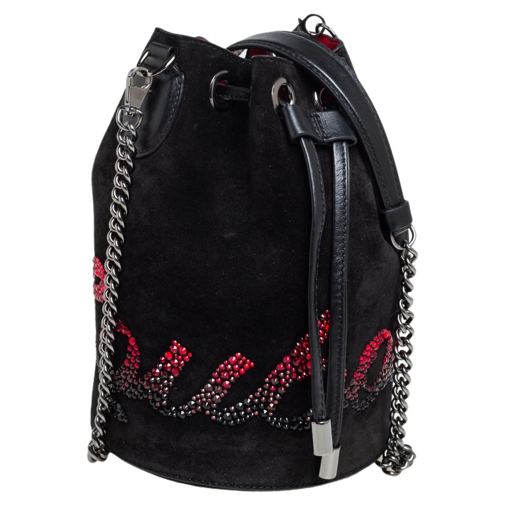 Christian Louboutin Black Suede Crystal Embellished Logo Marie Jane Bucket Bag In Good Condition In Dubai, Al Qouz 2