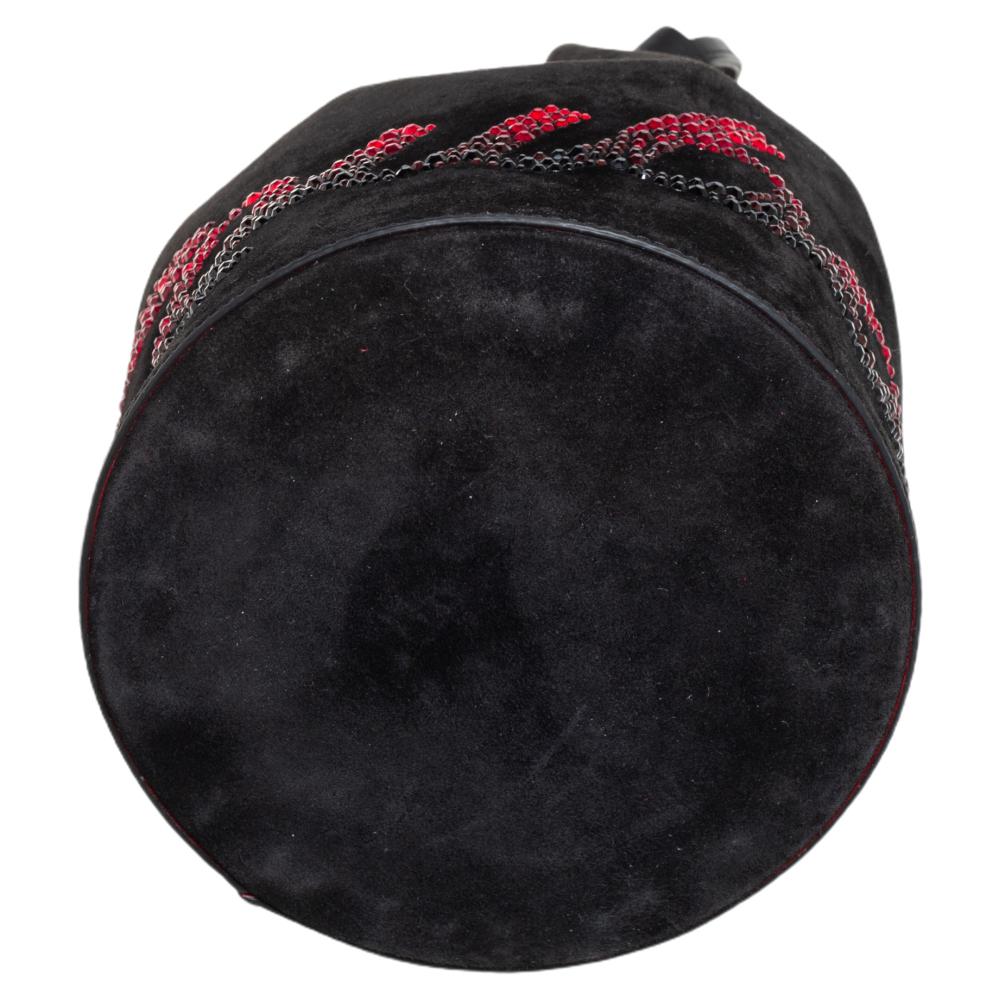 Women's Christian Louboutin Black Suede Crystal Embellished Logo Marie Jane Bucket Bag